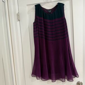 French Connection purple + navy blue pleated sleeveless dress w/ stripes at top